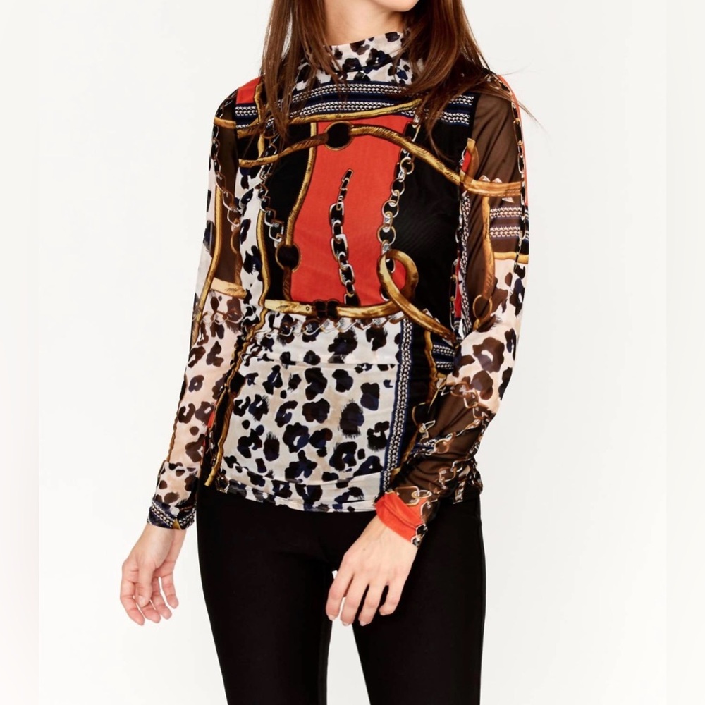 Frank Lyman Design Multi-Color Chain & Leopard Print Mesh Top